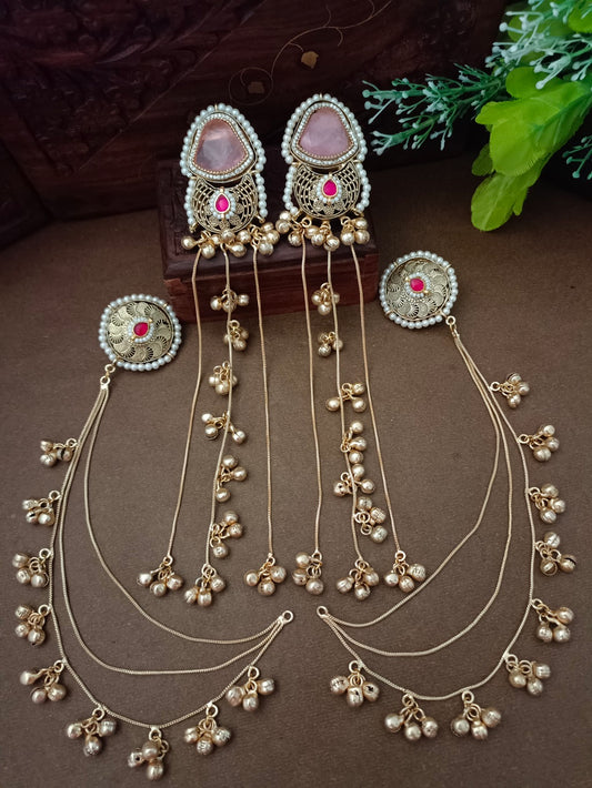 Gold-Toned Pink & White Geometric Drop Earrings | Kundan, Ghungroo Beaded Kashmiri Earchains