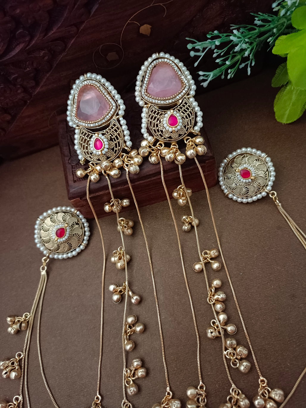 Gold-Toned Geometric Drop Earrings | Kundan, Ghungroo Beaded Kashmiri Earchains