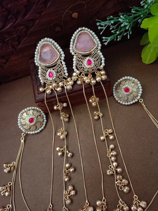 Gold-Toned Pink & White Geometric Drop Earrings | Kundan, Ghungroo Beaded Kashmiri Earchains