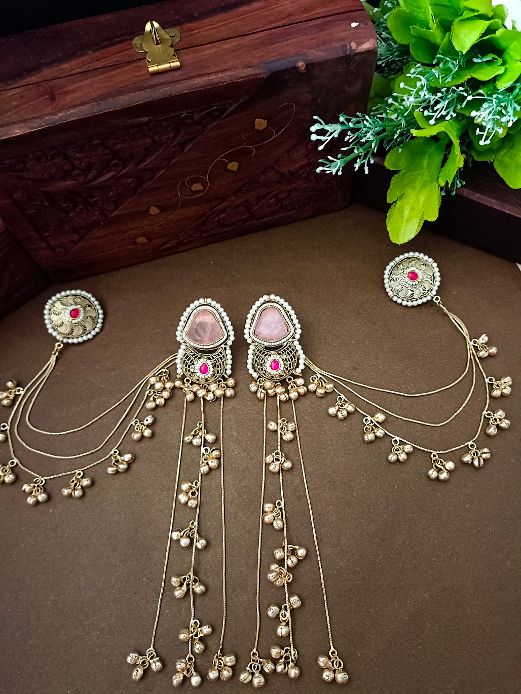 Gold-Toned Geometric Drop Earrings | Kundan, Ghungroo Beaded Kashmiri Earchains