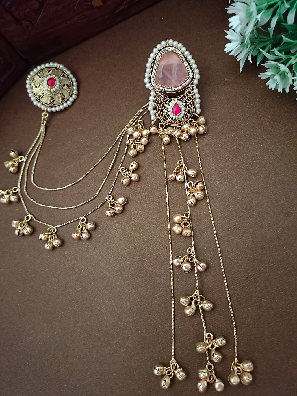 Gold-Toned Geometric Drop Earrings | Kundan, Ghungroo Beaded Kashmiri Earchains
