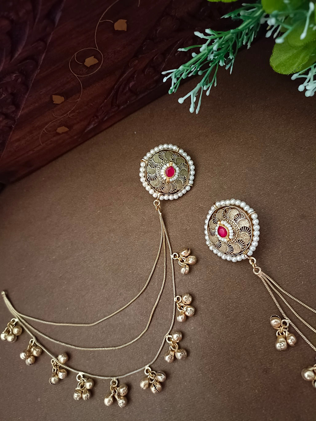 Gold-Toned Pink Circular Drop Earrings | Kashmiri Kundan Studded & Beaded Insert Style