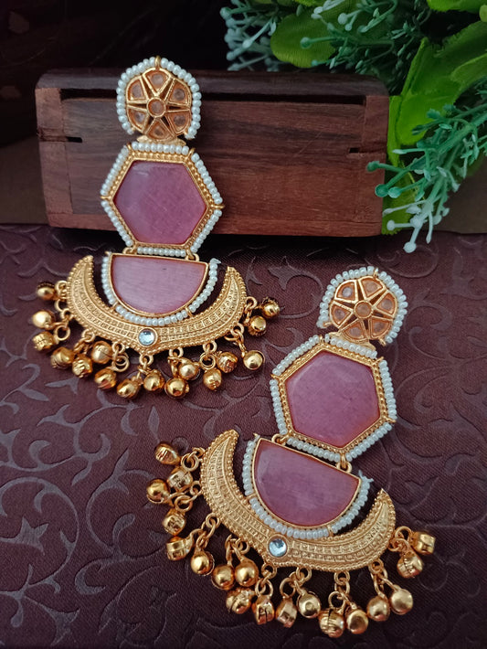Gold-Toned Geometric Drop Earrings | Kundan Studded, Beaded Brass-Plated Post Back