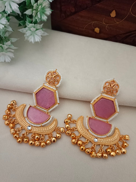 Gold-Toned Geometric Drop Earrings | Kundan Studded, Beaded Brass-Plated Post Back