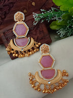 Gold-Toned Geometric Drop Earrings | Kundan Studded, Beaded Brass-Plated Post Back