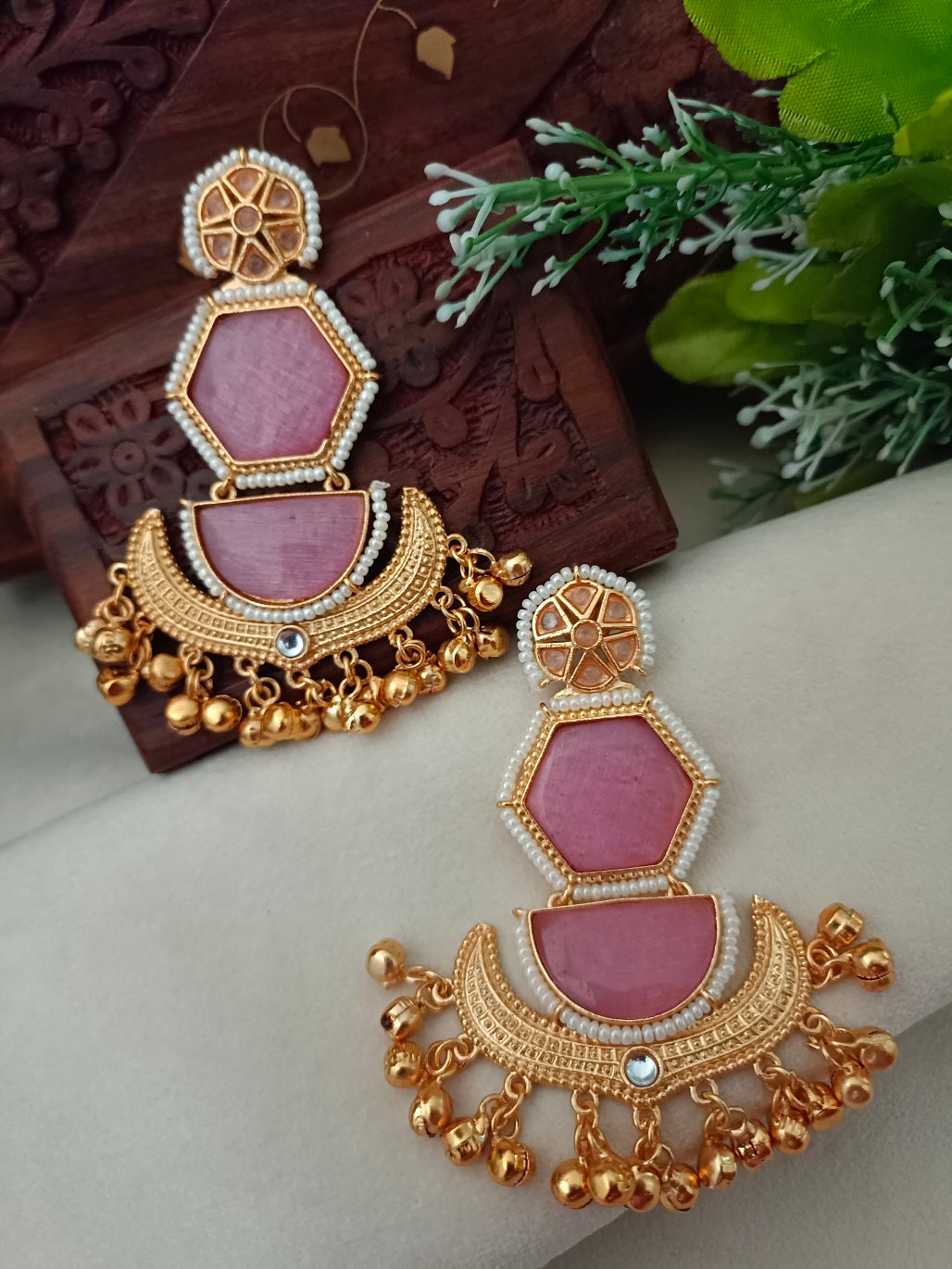Gold-Toned Geometric Drop Earrings | Kundan Studded, Beaded Brass-Plated Post Back