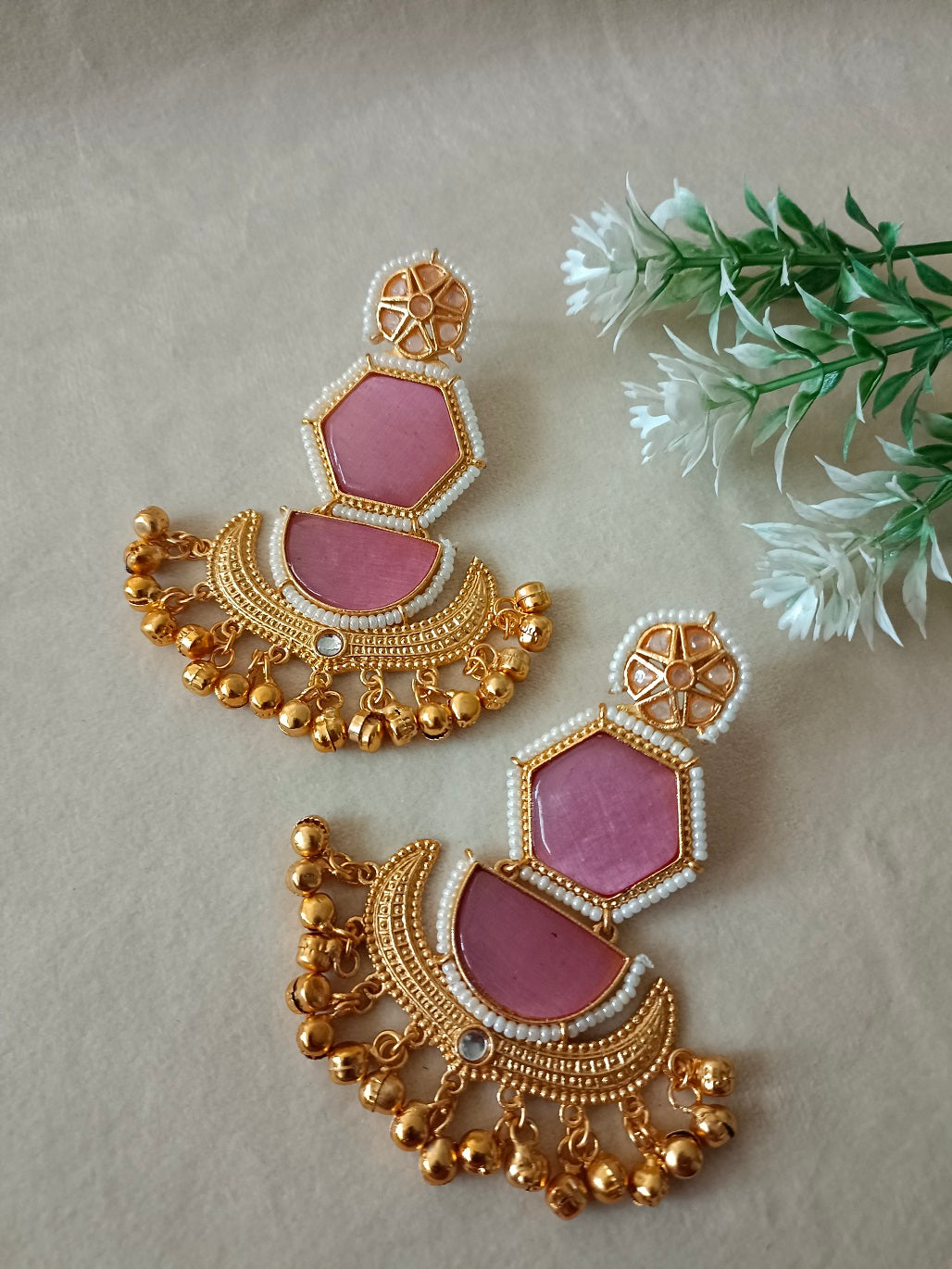 Gold-Toned Geometric Drop Earrings | Kundan Studded, Beaded Brass-Plated Post Back