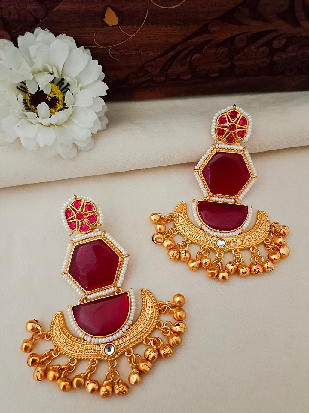Luxe Kundan & Pearl Beaded Gold-Toned Geometric Kashmiri Drop Earrings