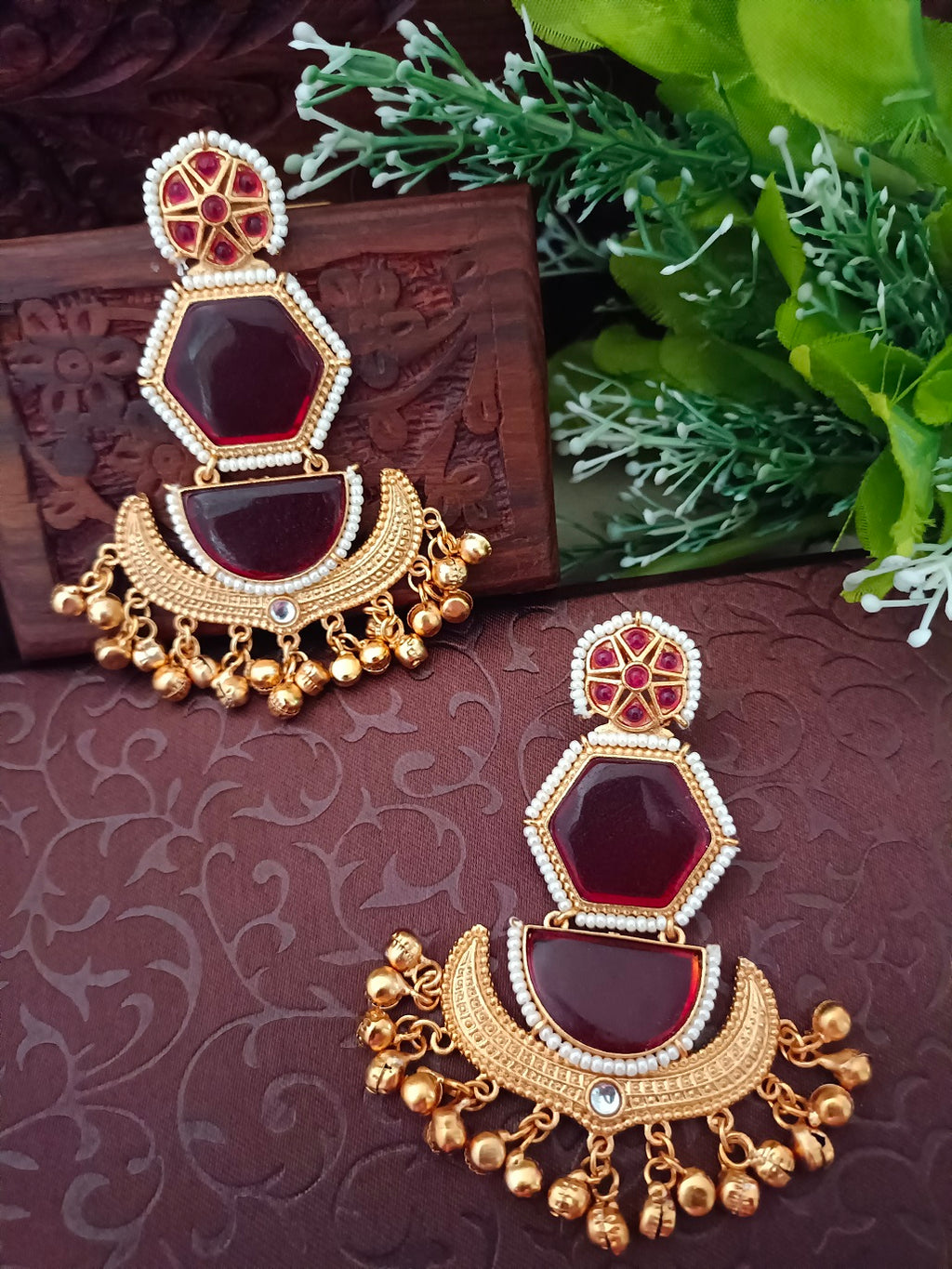Sanjog Bollywood Style Maroon Kundan Polki Look Jhumka Earrings