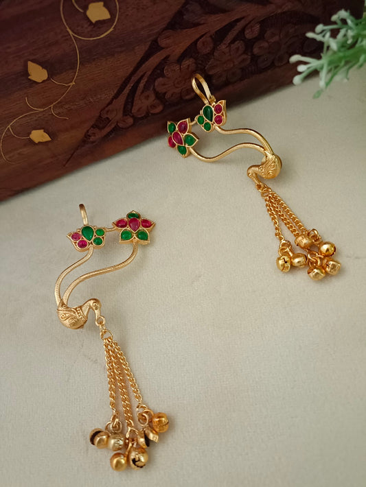 Gold-Toned Floral Ear Cuff Earrings | Kundan Studded Brass-Plated Post Back