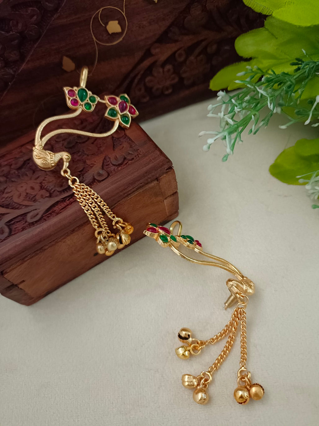 Gold-Toned Floral Ear Cuff Bugadi Earrings | Kundan Studded Brass-Plated Post Back