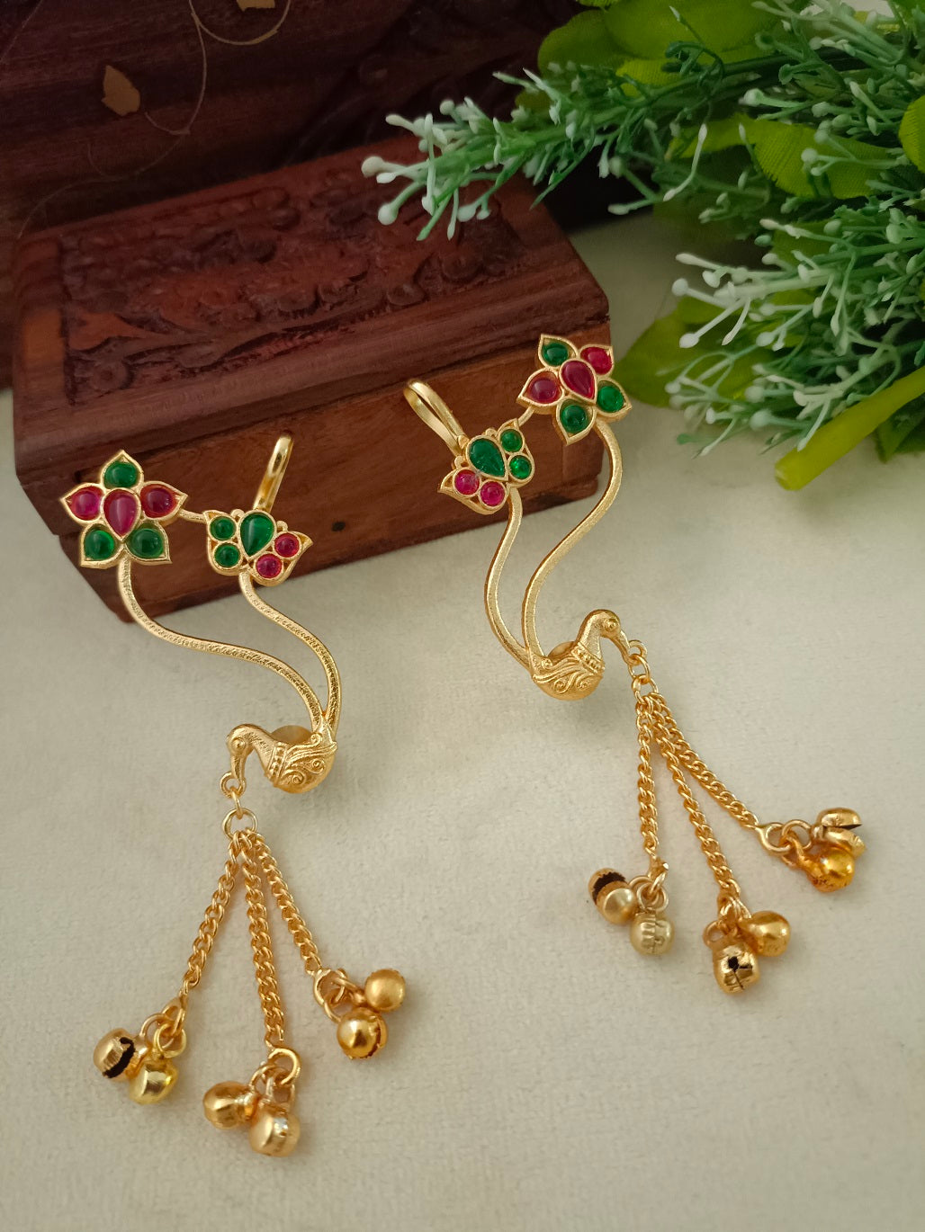 Gold-Toned Floral Ear Cuff Bugadi Earrings | Kundan Studded Brass-Plated Post Back
