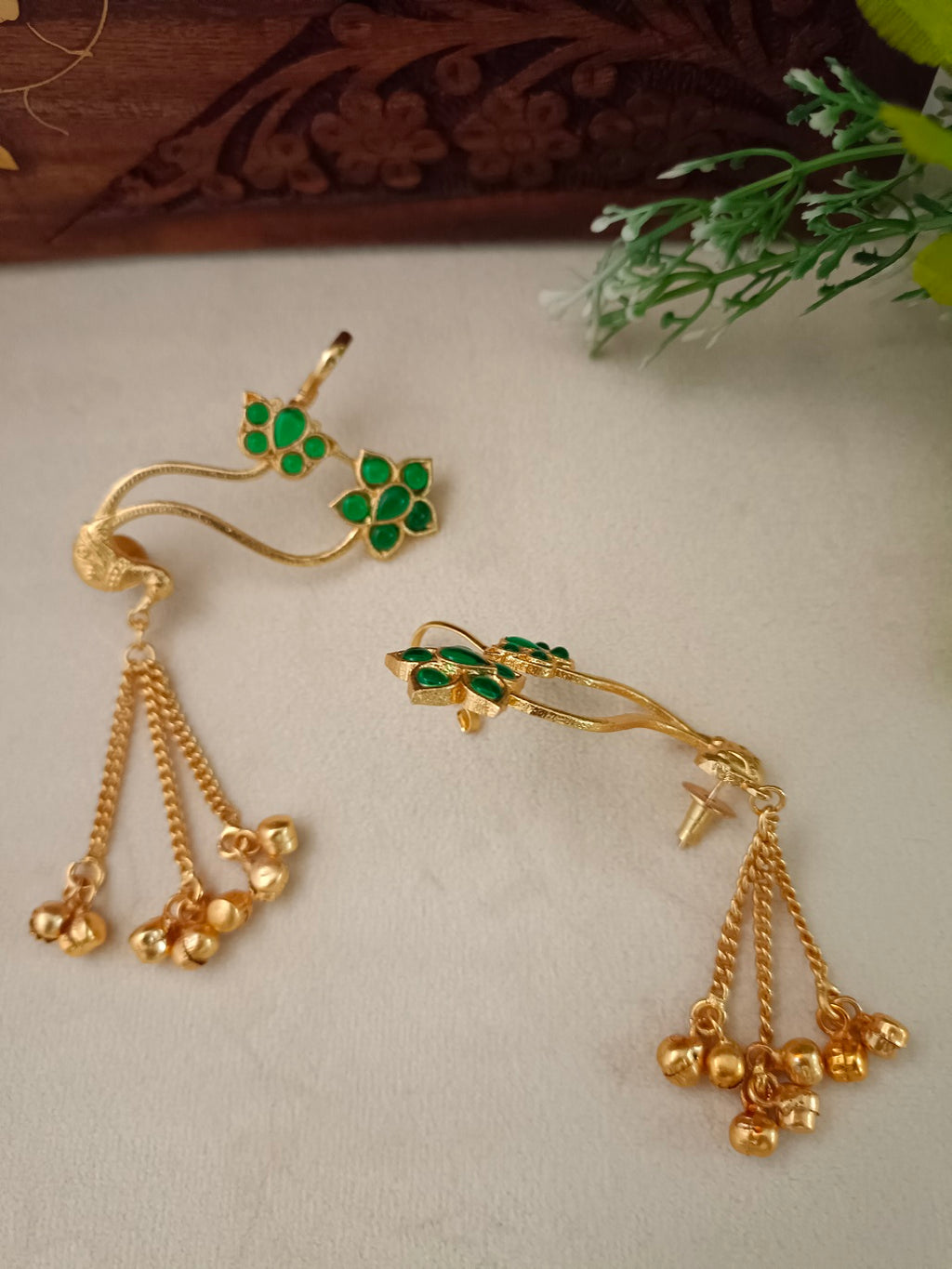 Gold-Toned Floral Ear Cuff Earrings | Kundan Studded Brass-Plated Post Back