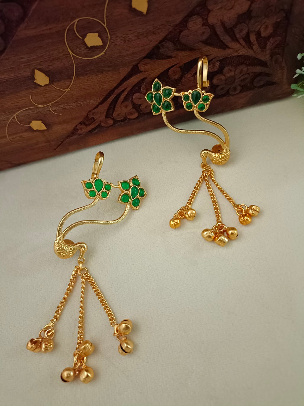 Gold-Toned Floral Ear Cuff Earrings | Kundan Studded Brass-Plated Post Back