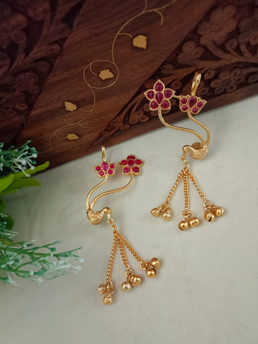 Gold-Toned Floral Ear Cuff Earrings – Red | Kundan Studded Brass-Plated Post Back