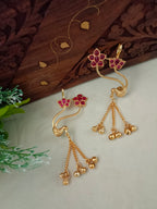 Gold-Toned Floral Ear Cuff Earrings – Red | Kundan Studded Brass-Plated Post Back
