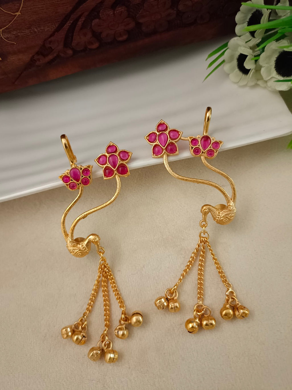 Gold-Toned Floral Ear Cuff Earrings – Red | Kundan Studded Brass-Plated Post Back