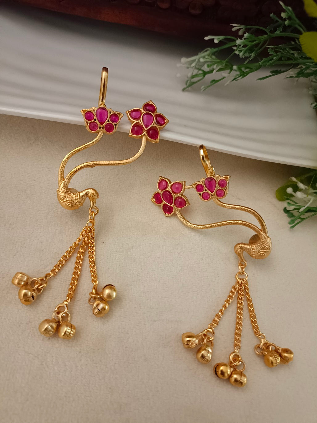 Gold-Toned Floral Ear Cuff Earrings – Red | Kundan Studded Brass-Plated Post Back