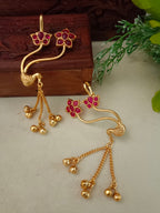 Gold-Toned Floral Ear Cuff Earrings – Red | Kundan Studded Brass-Plated Post Back