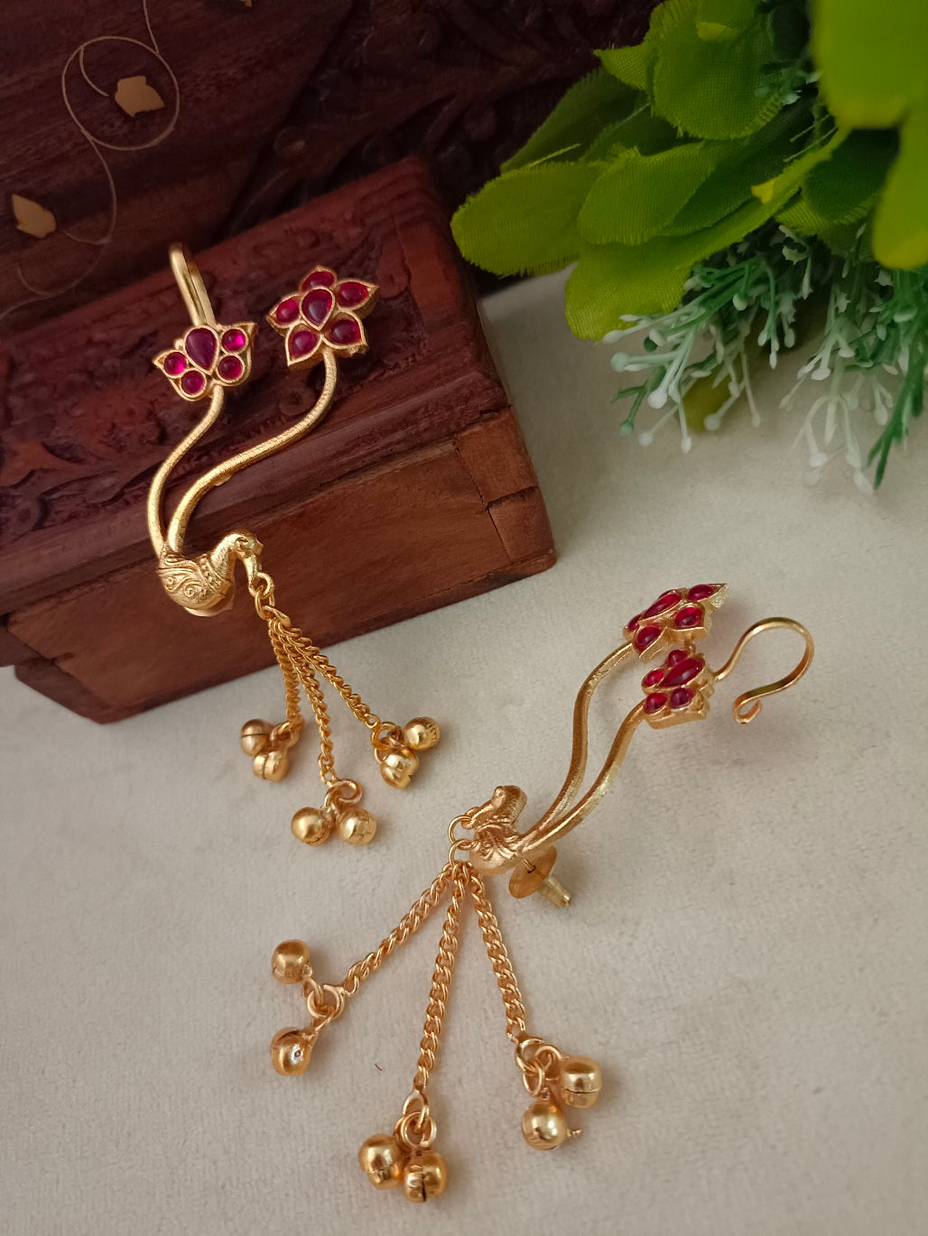 Gold-Toned Floral Ear Cuff Earrings – Red | Kundan Studded Brass-Plated Post Back