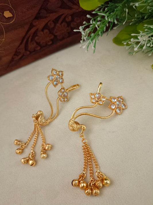 Gold-Toned Floral Ear Cuff Earrings | Kundan Studded Brass-Plated Post Back