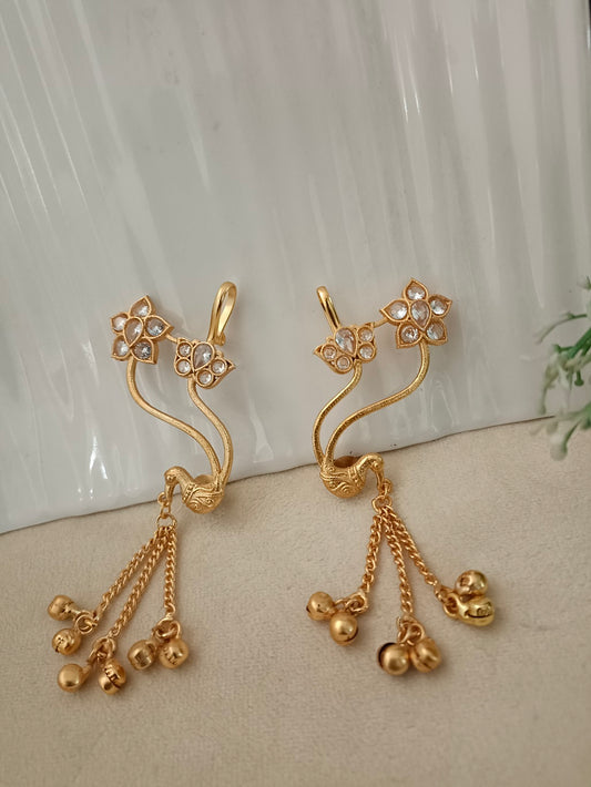 Gold-Toned Floral Ear Cuff Earrings | Kundan Studded Brass-Plated Post Back