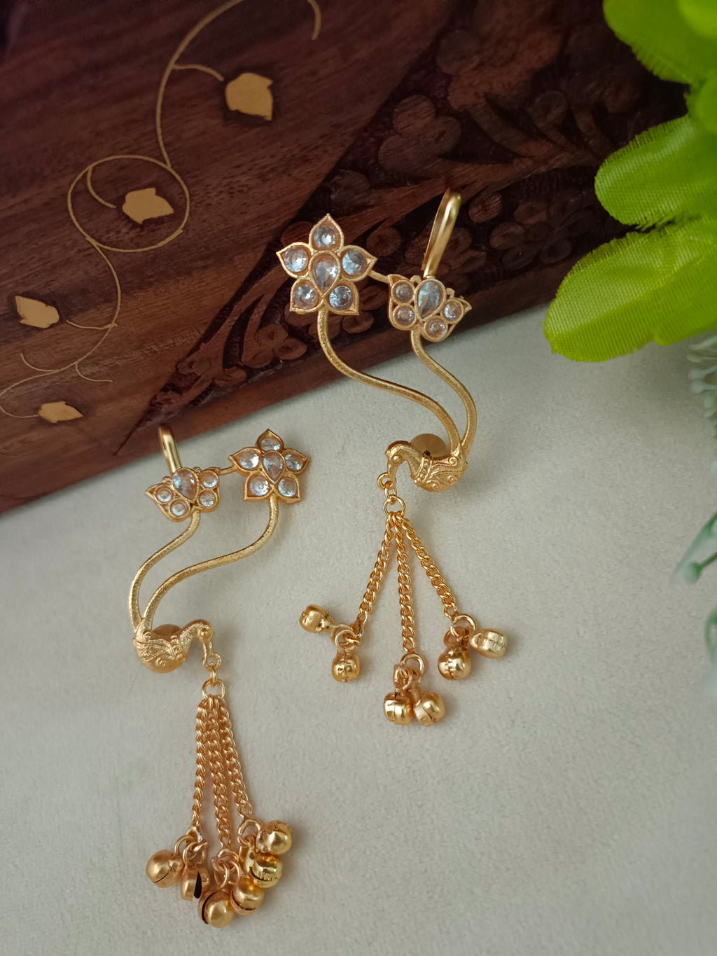 Gold-Toned Floral Ear Cuff Earrings | Kundan Studded Brass-Plated Post Back