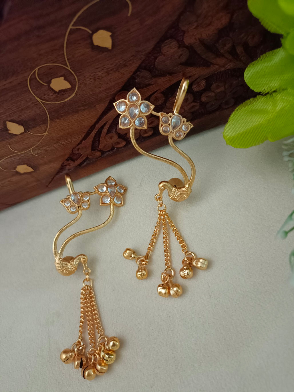 Gold-Toned Floral Ear Cuff Earrings | Kundan Studded Brass-Plated Post Back