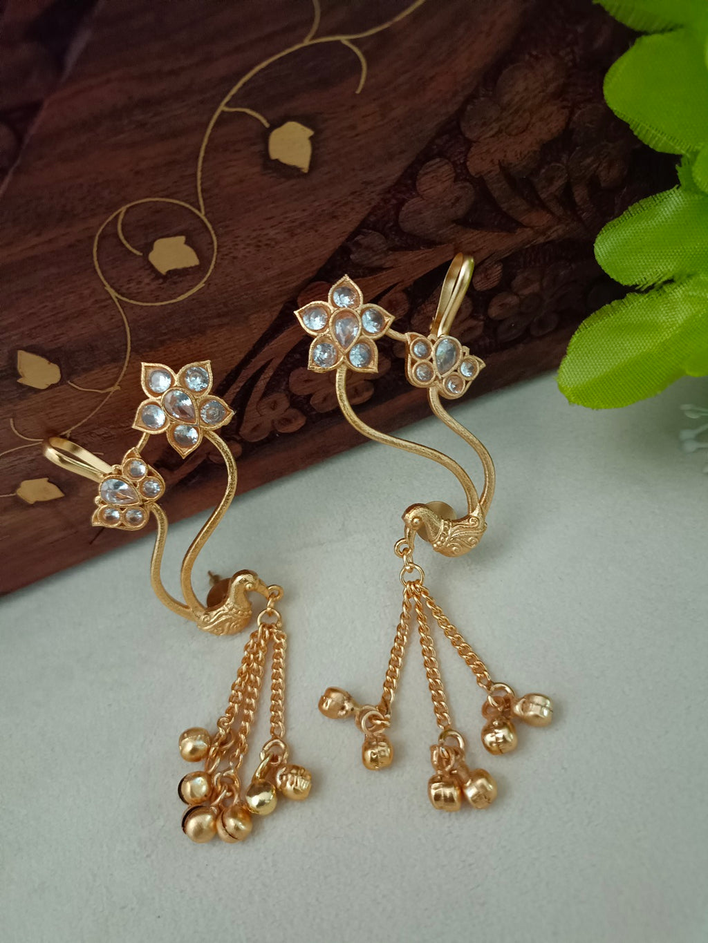 Gold-Toned Floral Ear Cuff Earrings | Kundan Studded Brass-Plated Post Back
