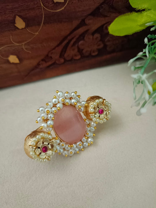 Gold-Toned Pink & White Double Finger Ring | Artificial Stones Studded & Beaded