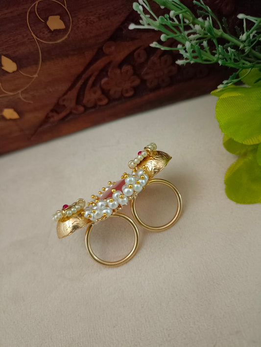 Gold-Toned Pink & White Double Finger Ring | Artificial Stones Studded & Beaded