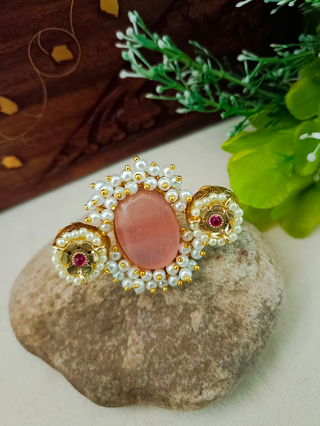 Gold-Toned Pink & White Double Finger Ring | Artificial Stones Studded & Beaded