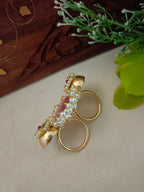 Gold-Toned Pink & White Double Finger Ring | Artificial Stones Studded & Beaded