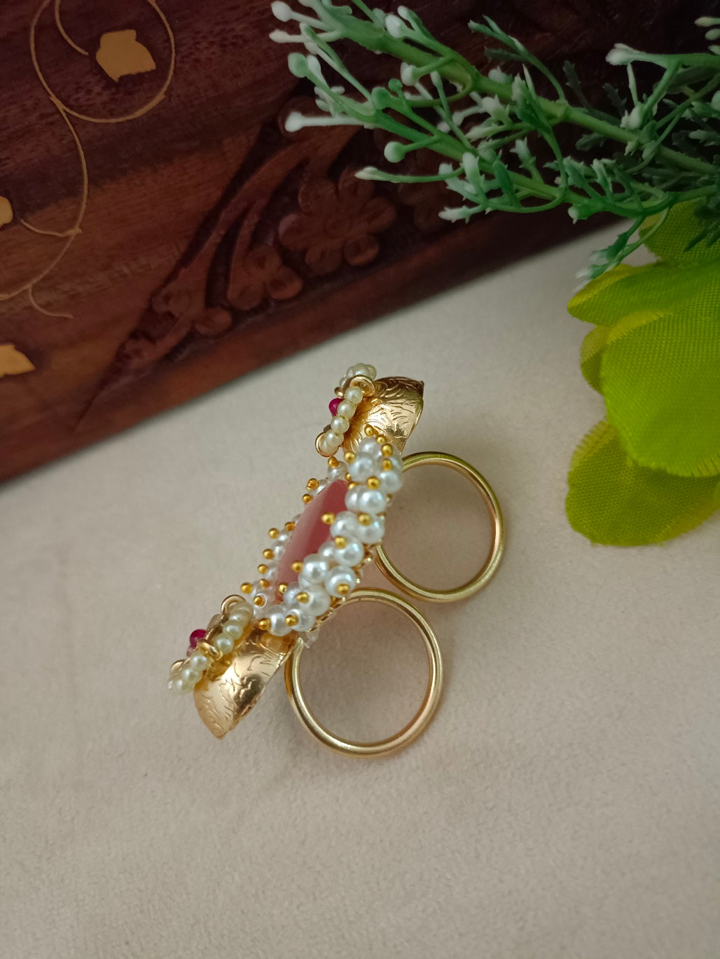Gold-Toned Pink & White Double Finger Ring | Artificial Stones Studded & Beaded