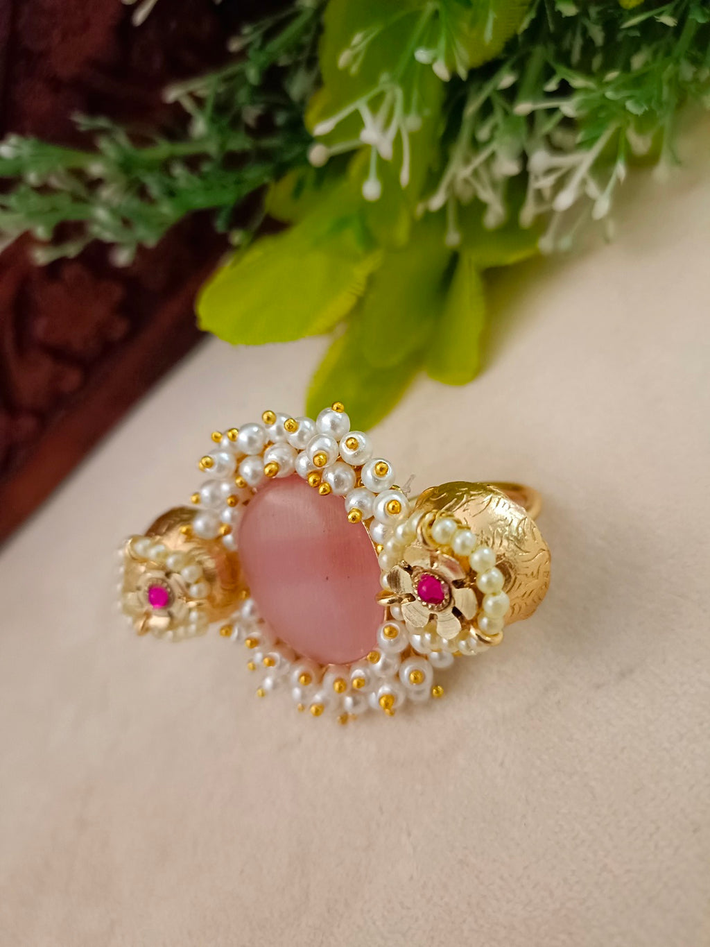 Gold-Toned Pink & White Double Finger Ring | Artificial Stones Studded & Beaded