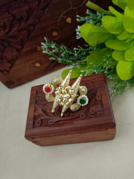 Gold-Plated Red & Blue Adjustable Finger Ring | Artificial Stones Studded & Beaded