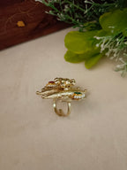 Gold-Plated Red & Blue Adjustable Finger Ring | Artificial Stones Studded & Beaded