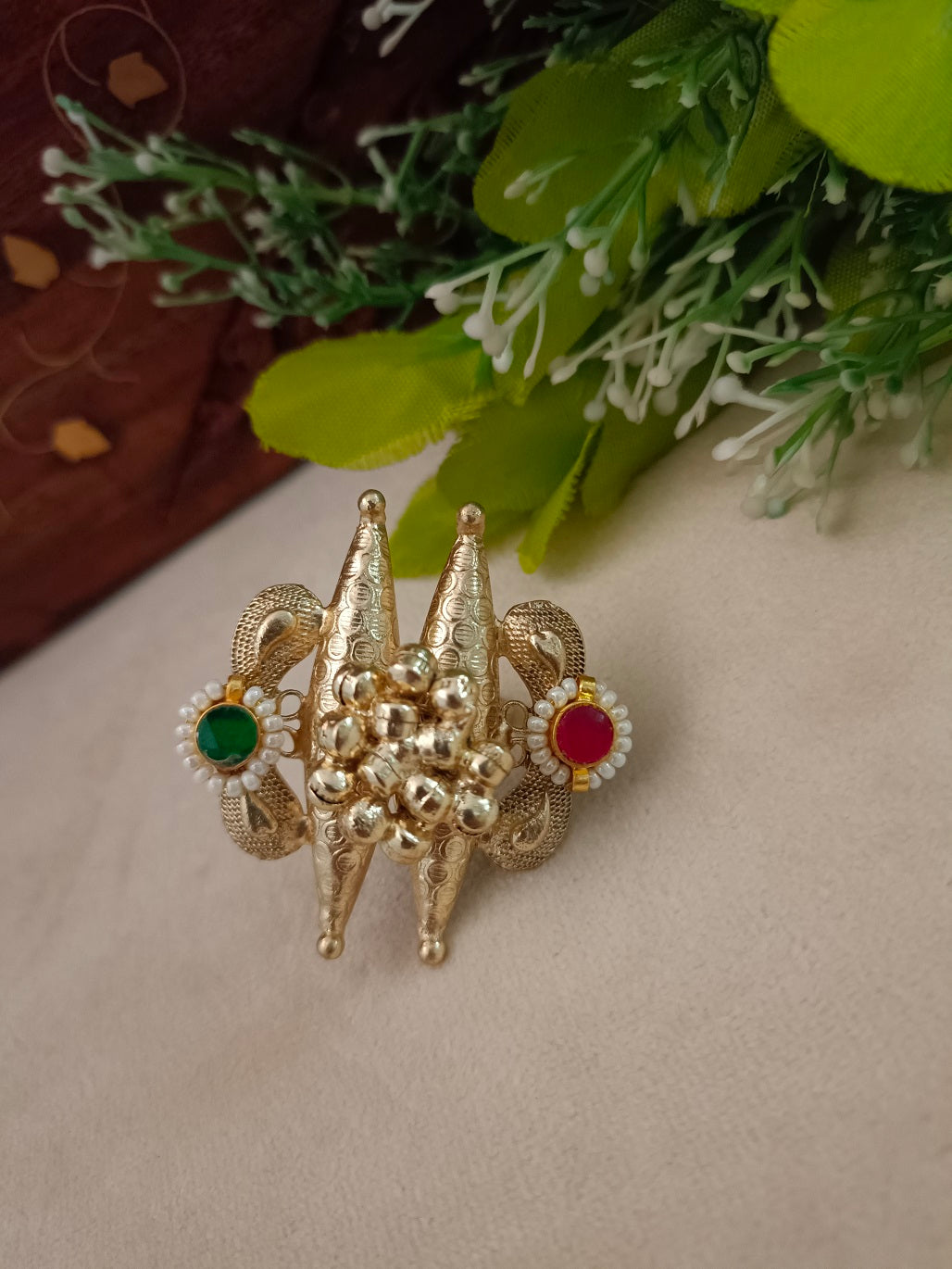 Gold-Plated Red & Blue Adjustable Finger Ring | Artificial Stones Studded & Beaded