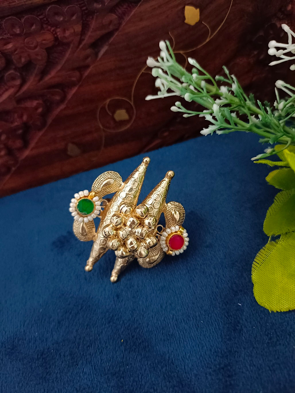 Gold-Plated Red & Blue Adjustable Finger Ring | Artificial Stones Studded & Beaded
