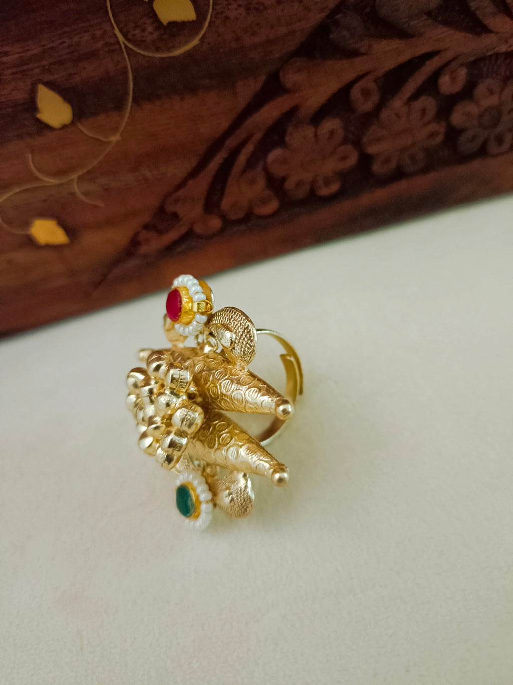 Gold-Plated Red & Blue Adjustable Finger Ring | Artificial Stones Studded & Beaded