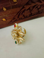 Gold-Plated Red & Blue Adjustable Finger Ring | Artificial Stones Studded & Beaded