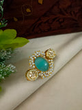 Gold-Toned Green & White Double Finger Ring | Artificial Stones Studded & Beaded