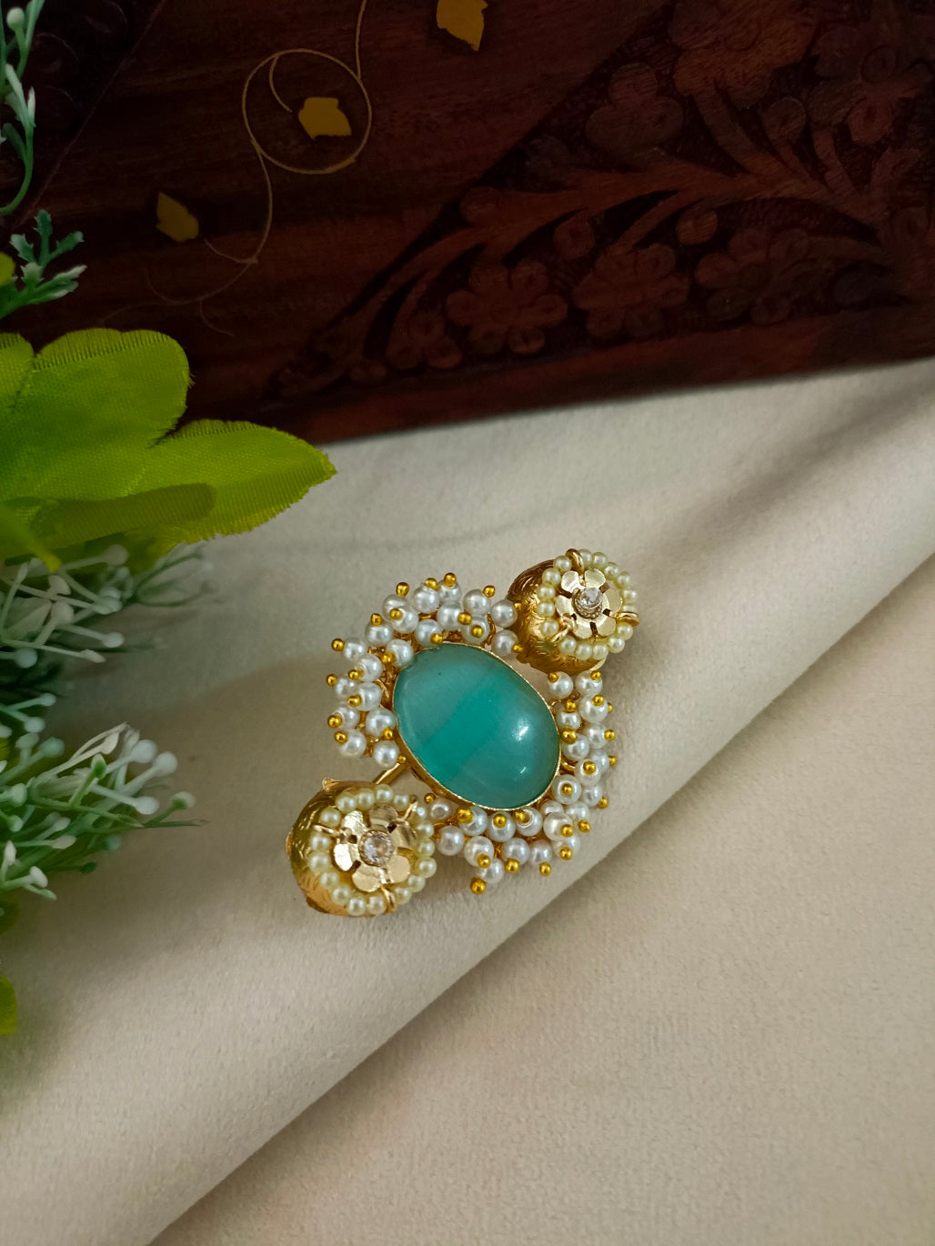 Gold-Toned Green & White Double Finger Ring | Artificial Stones Studded & Beaded
