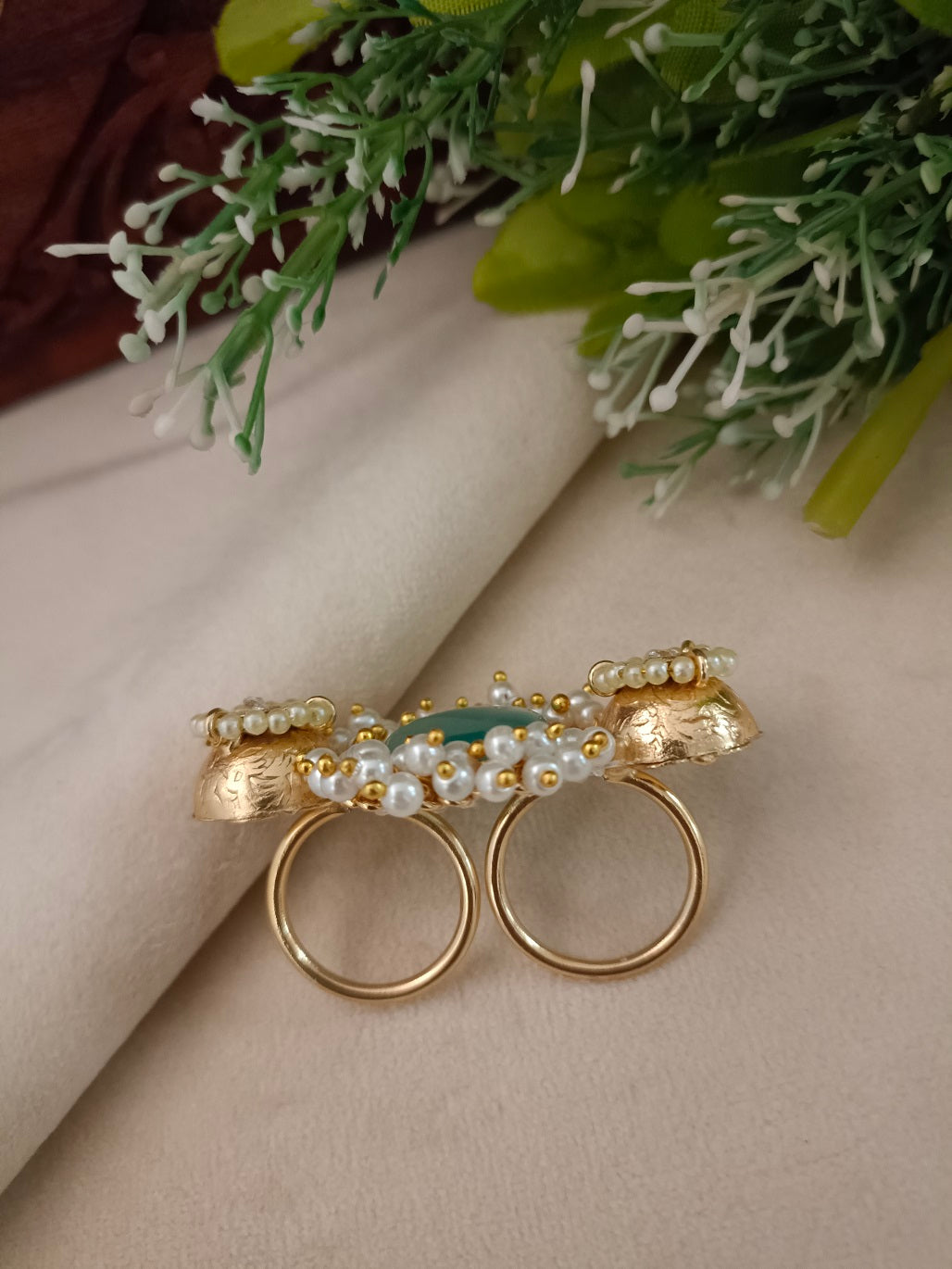 Gold-Toned Green & White Double Finger Ring | Artificial Stones Studded & Beaded