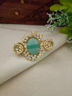 Gold-Toned Green & White Double Finger Ring | Artificial Stones Studded & Beaded