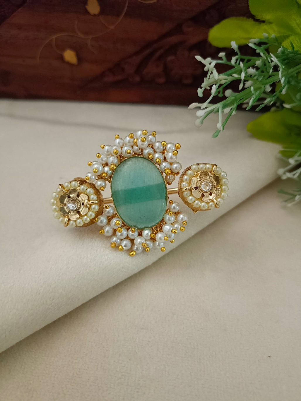 Gold-Toned Green & White Double Finger Ring | Artificial Stones Studded & Beaded