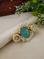 Gold-Toned Green & White Double Finger Ring | Artificial Stones Studded & Beaded