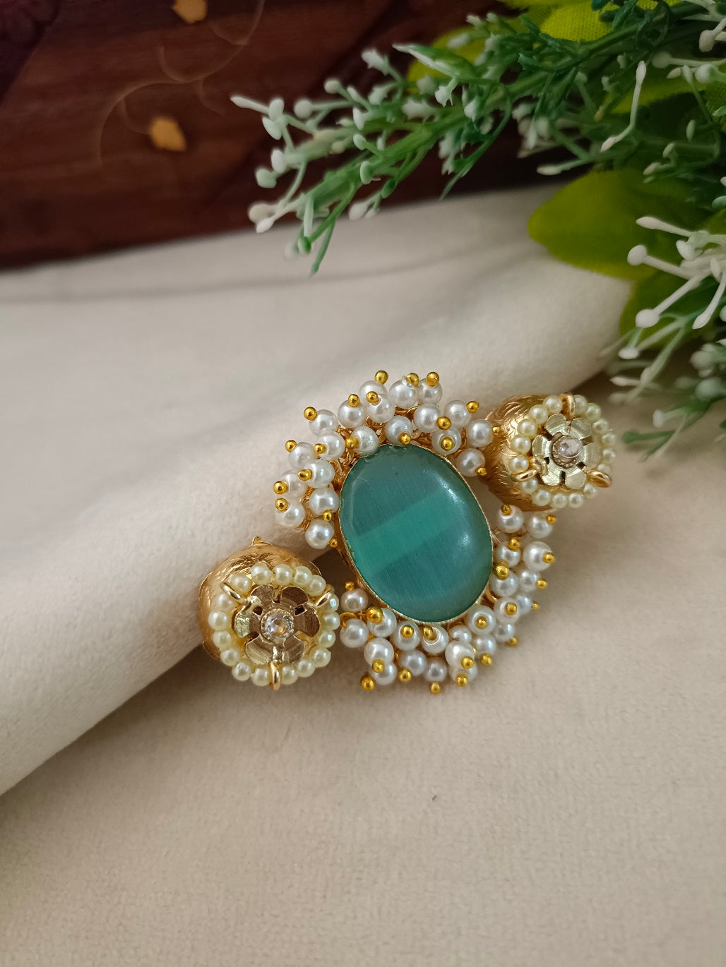 Gold-Toned Green & White Double Finger Ring | Artificial Stones Studded & Beaded