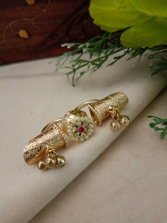 Brass-Plated Red & White Adjustable Finger Ring | Stone Studded & Pearl Beaded