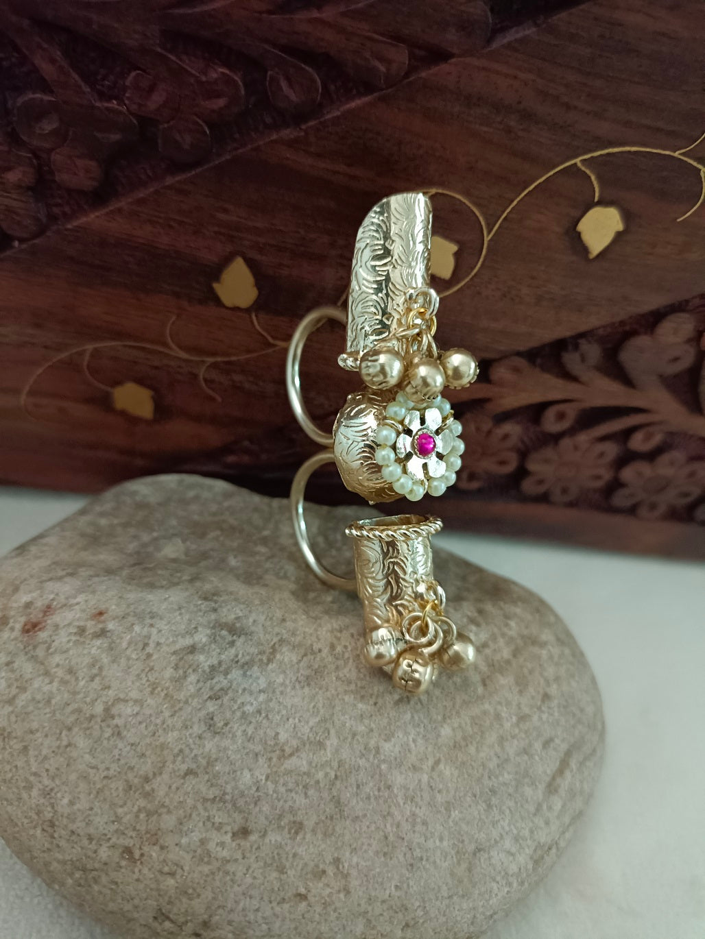 Brass-Plated Red & White Adjustable Finger Ring | Stone Studded & Pearl Beaded